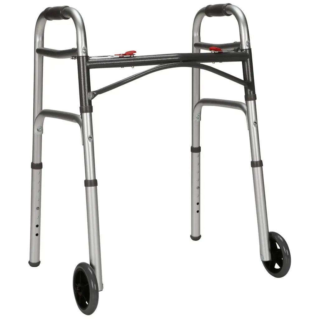 McKesson Folding Walker with Wheels, Adjustable Height   25 to 32-1/4 Inch, Weight Capacity  350 lbs.